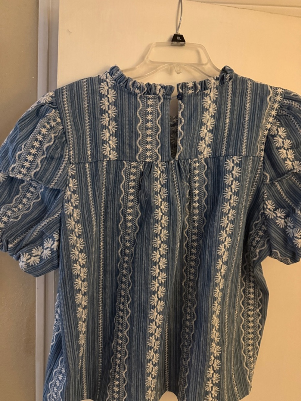 Blue Embroidered Puff-Sleeve Peasant Blouse